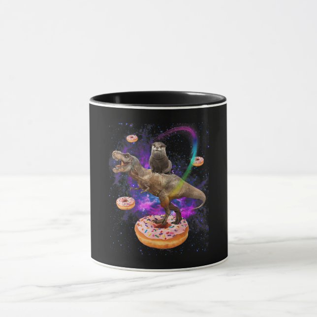 Space Otter Riding Dinosaur T-Rex Doughnuts Mug (Center)