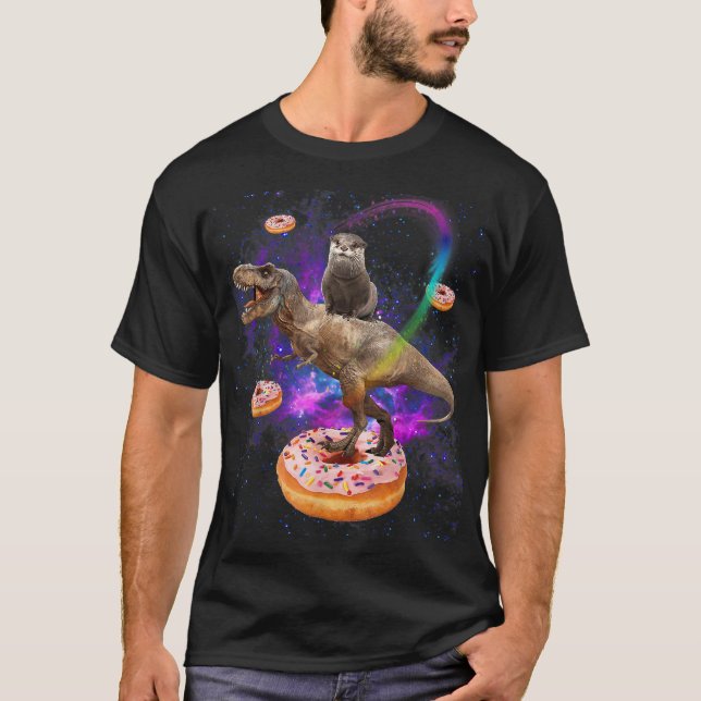 Space Otter Riding Dinosaur T-Rex Doughnuts T-Shirt (Front)