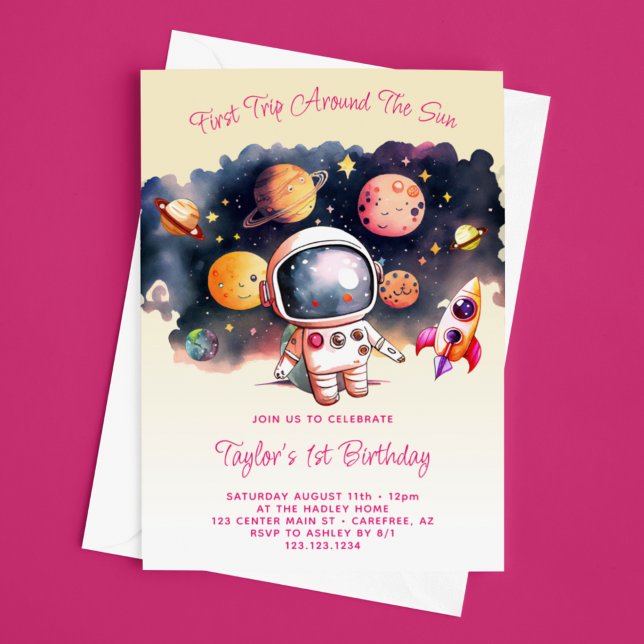 Space Party First Trip Around the Sun Yellow Invitation (Creator Uploaded)
