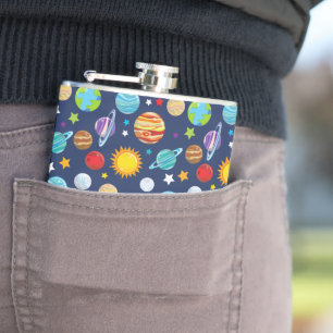 Space Pattern, Planets, Stars, Cosmos, Galaxy Hip Flask