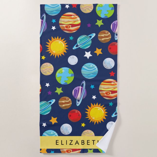 Space Pattern, Planets, Stars, Cosmos, Your Name Beach Towel (Front)