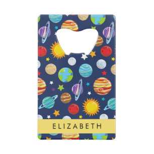 Space Pattern, Planets, Stars, Cosmos, Your Name Credit Card Bottle Opener