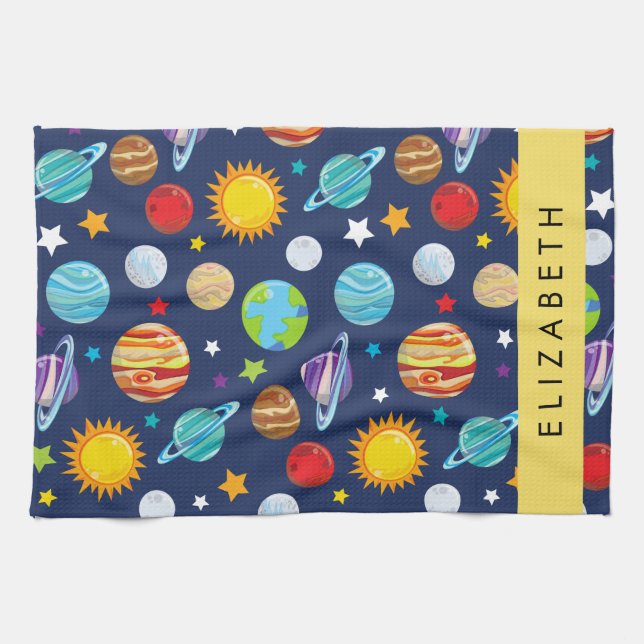 Space Pattern, Planets, Stars, Cosmos, Your Name Kitchen Towel (Horizontal)
