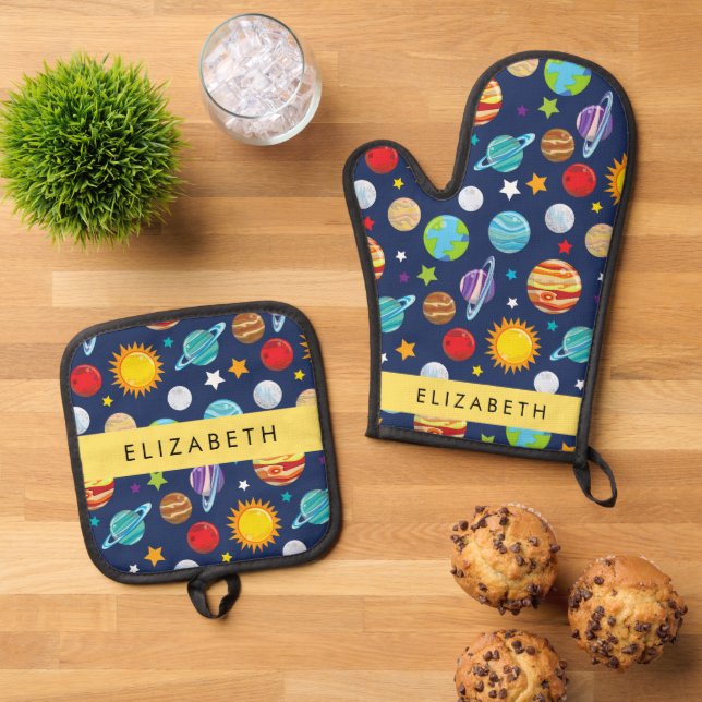 Space Pattern, Planets, Stars, Cosmos, Your Name Oven Mitt & Pot Holder Set (Top Down)
