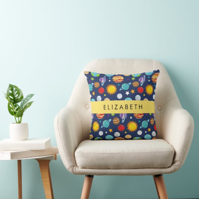 Space Pattern, Planets, Stars, Cosmos, Your Name Throw Pillow (Chair)