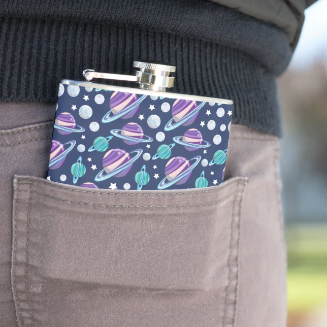 Space Pattern, Planets, Stars, Galaxy, Cosmos Hip Flask (In Situ)