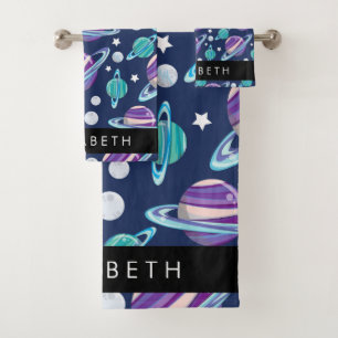 Space Pattern, Planets, Stars, Galaxy, Your Name Bath Towel Set