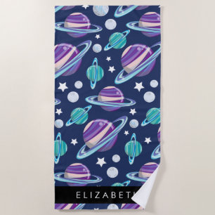 Space Pattern, Planets, Stars, Galaxy, Your Name Beach Towel