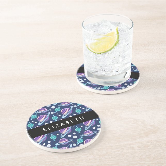 Space Pattern, Planets, Stars, Galaxy, Your Name Coaster (Side)