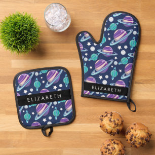 Space Pattern, Planets, Stars, Galaxy, Your Name Oven Mitt & Pot Holder Set
