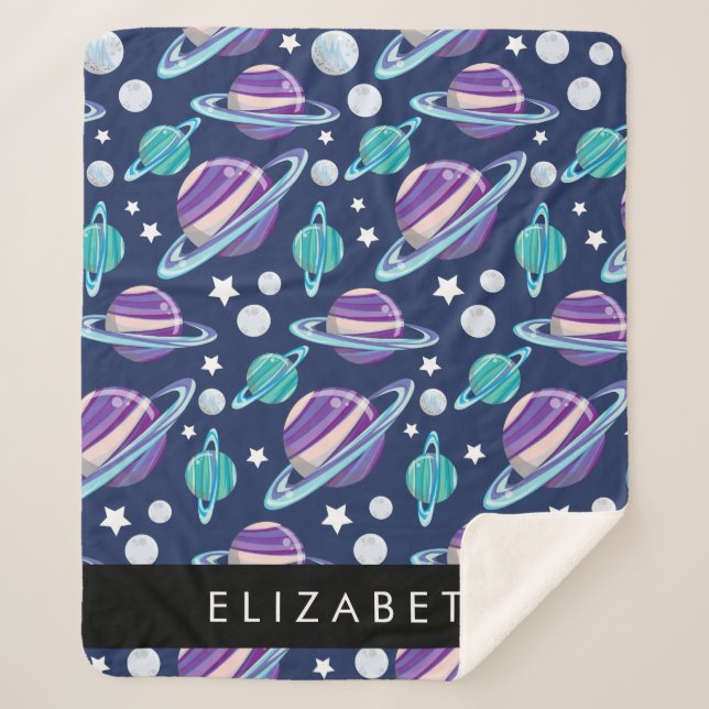 Space Pattern, Planets, Stars, Galaxy, Your Name Sherpa Blanket (Front)