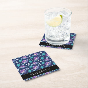 Space Pattern, Planets, Stars, Galaxy, Your Name Square Paper Coaster