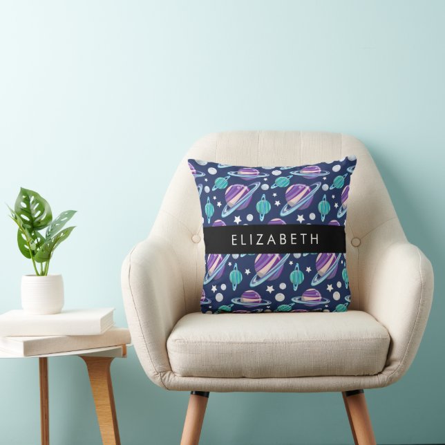 Space Pattern, Planets, Stars, Galaxy, Your Name Throw Pillow (Chair)