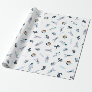 Space Pattern with Satellite & Planets & Spacemen Wrapping Paper