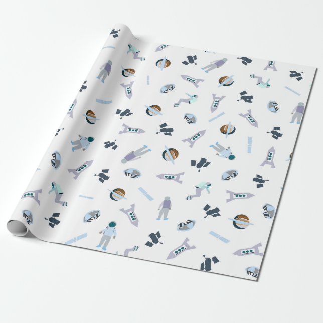 Space Pattern with Satellite & Planets & Spacemen Wrapping Paper (Unrolled)