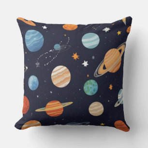 Space patterns with galaxies, stars, and planets throw pillow