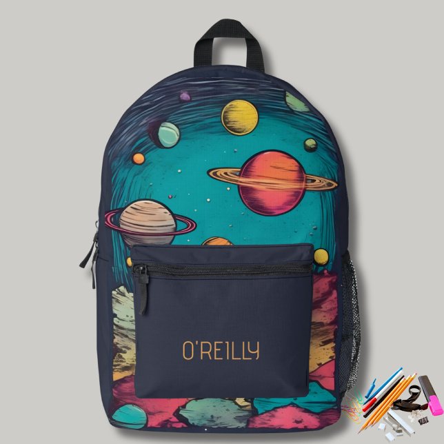 Space Planet Galactic Modern Monogram Printed Backpack (Creator Uploaded)
