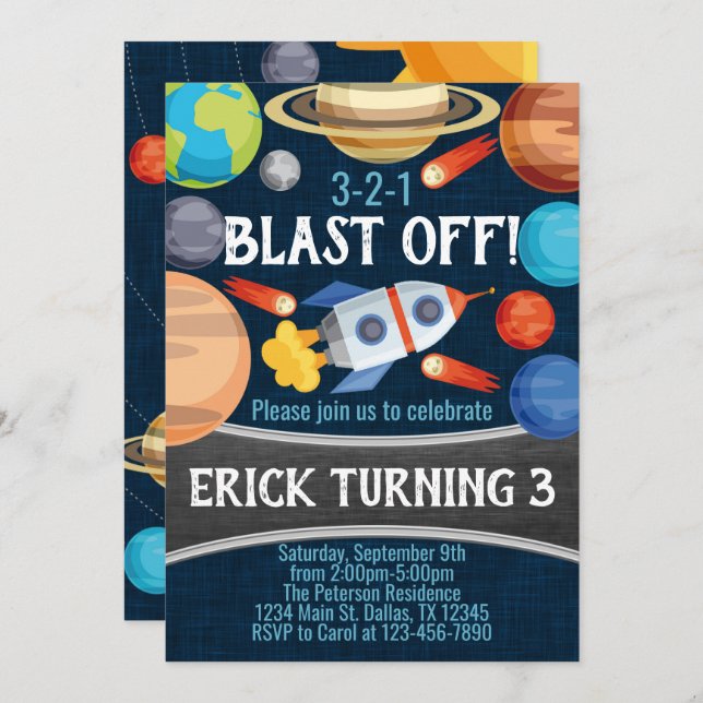 Space Planet Rocket Birthday Party Invitation (Front/Back)