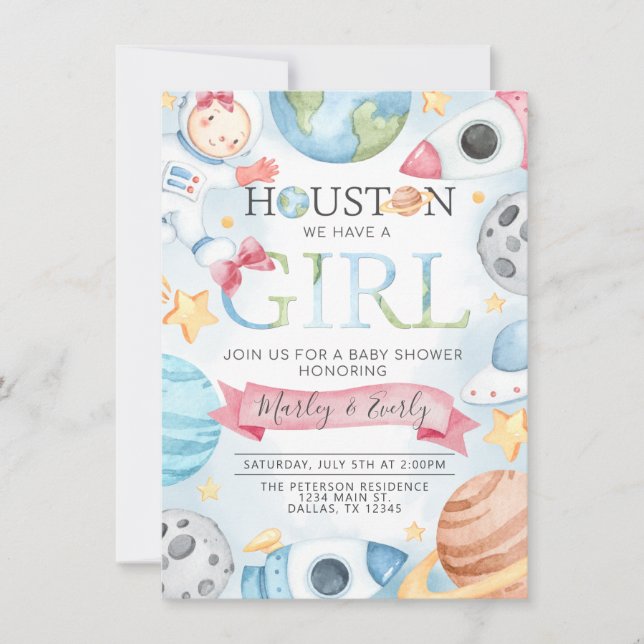Space Planets Baby Shower Invitation Pink Girl (Front)