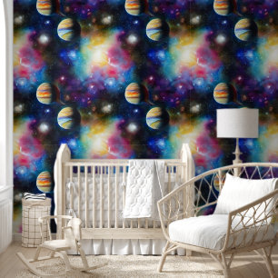 Space planets stars galaxy seamless pattern boys wallpaper
