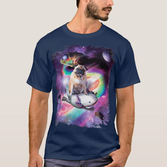 Space Pug Dog Riding Axolotl  Rainbow T-Shirt (Front)