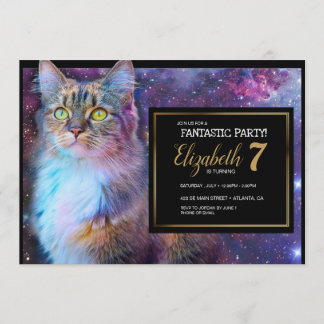 Space Purple Cat Party Invitation