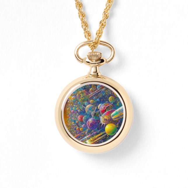 Space Race gold necklace watch w numbers (Front)