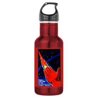 space race propaganda poster art on water bottle