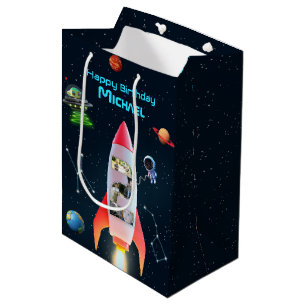 Space Rocket 2nd Birthday   Huge Two Photo Collage Medium Gift Bag