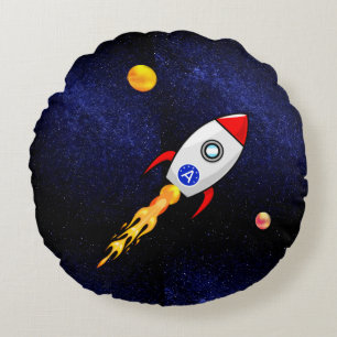 Space rocket and monogram on galaxy round pillow