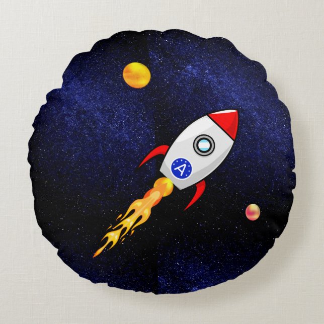 Space rocket and monogram on galaxy round pillow (Front)