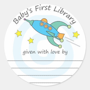space rocket baby's first library bookplate classic round sticker