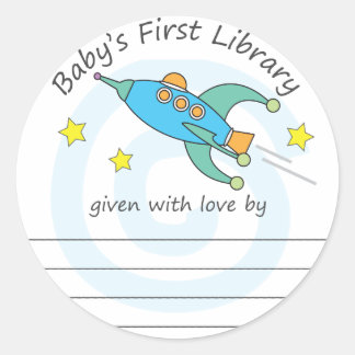 space rocket baby's first library bookplate classic round sticker