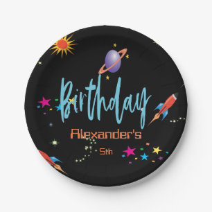 Space Rocket Boys Birthday Paper Plate