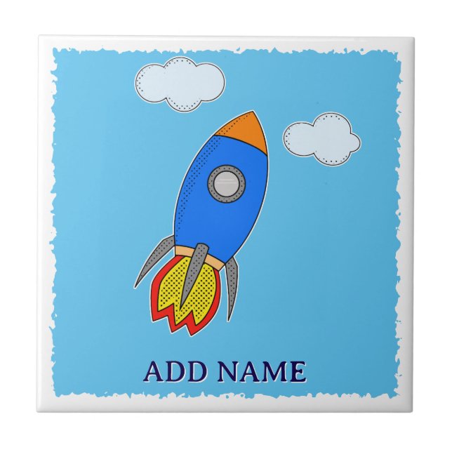 Space Rocket Drawing In Blue Sky Tile (Front)