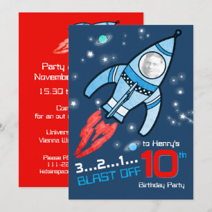 Space rocket kids 10th birthday blue  invitation