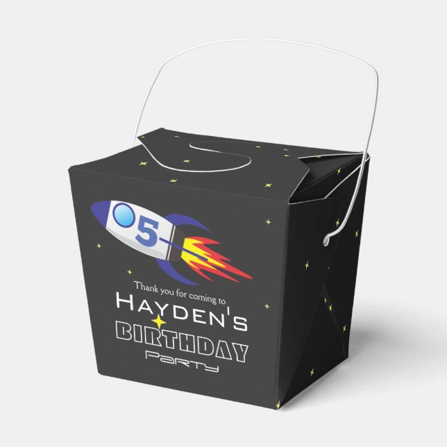 Space Rocket Kids Birthday Custom Age Favor Box (Front Side)