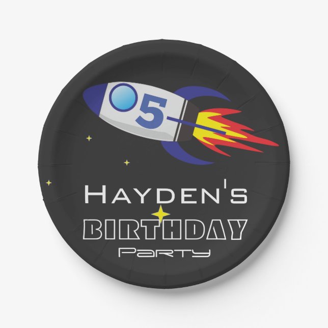 Space Rocket Kids Birthday Custom Age Paper Plate (Front)