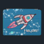 Space rocket name kids blue ipad cover<br><div class="desc">Blue space rocket / spaceship style kids ipad case cover. Customize with your own  name. Case currently reads: Hayden. A perfect gift for a vibrant space fan or for a child who likes transport to help protect the ipad screen. Uniquely designed by Sarah Trett.</div>