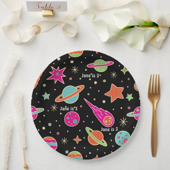 Space Rocket Pattern Name Birthday Party Paper Plate (Wedding)