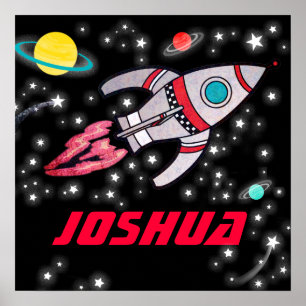 Space rocket personalized boys black red poster