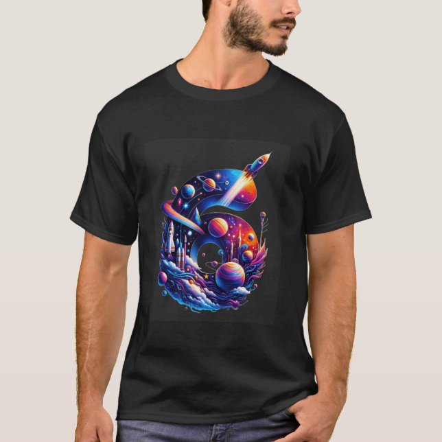 Space Rocket Planet Kid 6th Birthday Party Six 6 Y T-Shirt (Front)