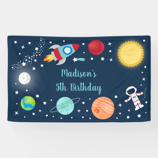 Space Rocket Ship Astronaut Planets Birthday Banner (Horizontal)