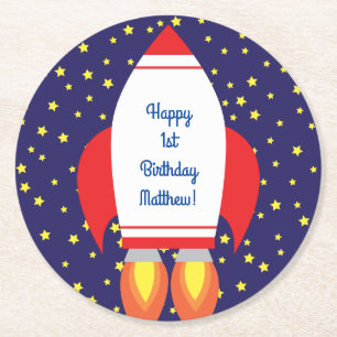 Space Rocket Ship Birthday Party Round Paper Coaster
