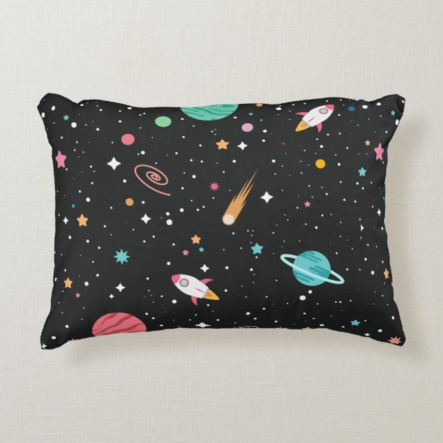 Space Rocket Ships and Stars Accent Pillow (Front)