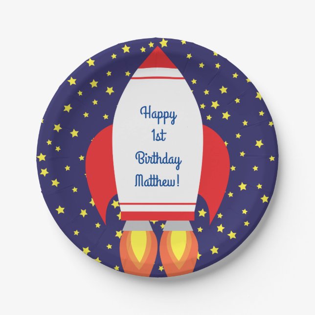 Space Rocket Star Ship 1st Birthday Plates (Front)