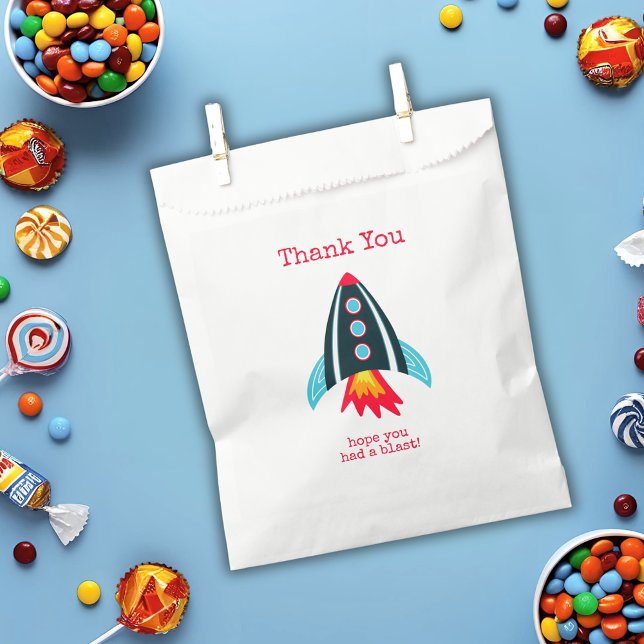 Space Rocket Thank You Birthday Favour Bag (Space themed rocket ship thank you favor bags for boys birthday party.)