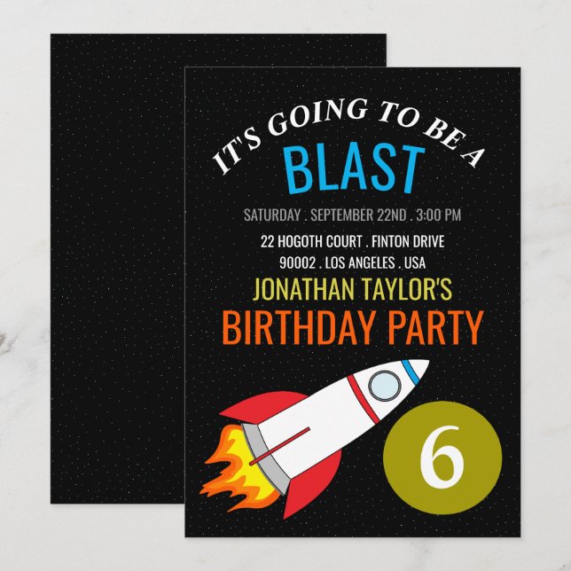 Space Rocket to the Moon Children's Birthday Invitation (Front/Back)