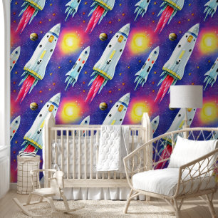 Space rockets and galaxy seamless pattern boys wallpaper
