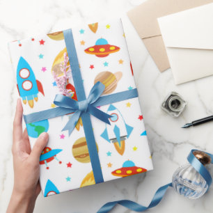 Space Rockets Planets Ufo Stars Wrapping Paper